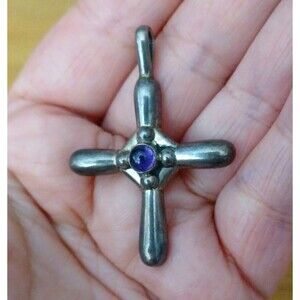 Vintage Sterling Silver cross pendant 48x34 mm 5.9g w cabochon Amethyst stone